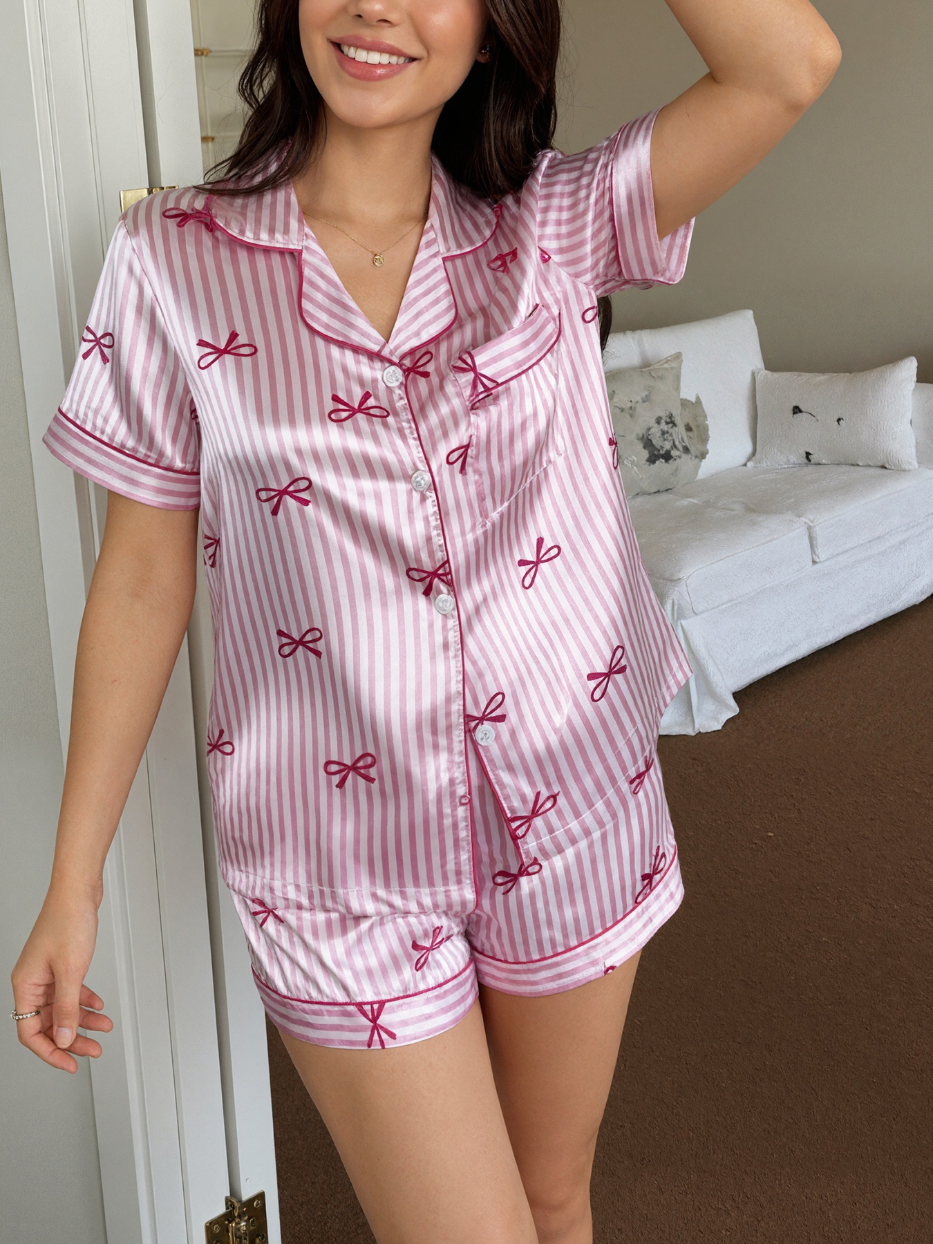 Women Pajamas Set Bow Tie Stri - Silk Tie Striped reseña y precio